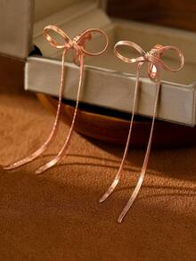 1对14K金长流苏链蝴蝶结夹式耳环，女士时尚垂坠流苏耳环，新娘婚礼配饰，母亲节，情人节，圣诞节时尚珠宝礼物