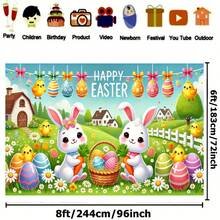 An Easter Bunny Polyester Banner Is A Vibrant Spring Scene With Colorful Eggs And Flowers, Which Is Very Suitable For Home And Wall Decoration Party Supplies, Rabbit Accessories Banner Background.
