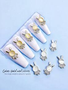 10pcs/Pack Trending Rhinestone Nail Art Decorations, 3D Cat Eye Stone & Cute Rabbit Design, Gold & Silver Color, Suitable For Girls And Women - Multicolor - View 1