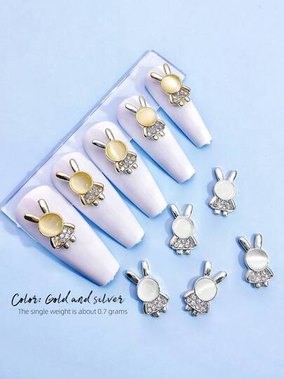 10pcs/Pack Trending Rhinestone Nail Art Decorations, 3D Cat Eye Stone & Cute Rabbit Design, Gold & Silver Color, Suitable For Girls And Women