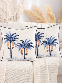 1件/2件装椰树刺绣抱枕套，天鹅绒面料，适用于客厅、卧室、农舍、沙发、家居装饰，蓝色 - 藍色 - 查看 9