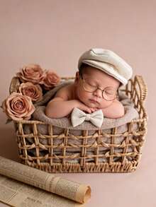 Set de fotografía vintage para recién nacidos - Sombrero + Gafas + Pajarita + Marco, adecuado para fotos de bebé niño/niña de 100 días, estilo Ins, sombrero y pajarita de caballero para bebé, celebración de 100 días/luna llena, mismo estilo que el bloguero - Multicolor - Ver 6