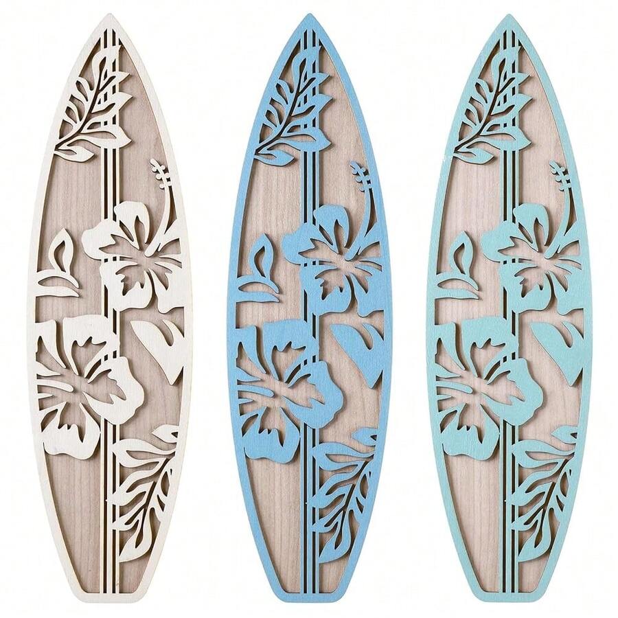 RattanView 3 Pieces Surfboard Decor For Bedroom Wooden Beach Wall Decor Summer Wood Surfboard Wall Hanging Sign For Tropical Living Room Decoration(Hibiscus,Blue) - Blue - 查看 1
