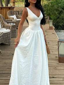 Robe élégante à boutons floraux, convient pour les vacances, les trajets, les rendez-vous romantiques, le port quotidien, les invités de mariage, les tenues d'été blanches - Blanc - Voir 5