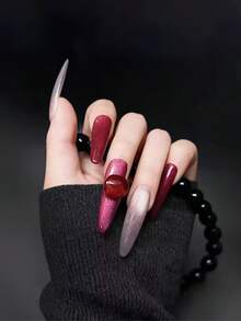 10pcs Pure Handmade Press On Nails Extra Long Nails Oval Nails The Main Color Combination Is Wine Red Berry Color And Cool-Toned Gray Pink Cat Eye. Adorned With Transparent Wine Ruby Decorations, It Resembles Small Diamonds In The Dark Night, Exquisite Yet Not Ostentatious. Gentle Elegant Cute Nails For Ladies And Girls Spring Summer Fall Winter Festivals Parties And Daily Life Use - Red and White - View 3