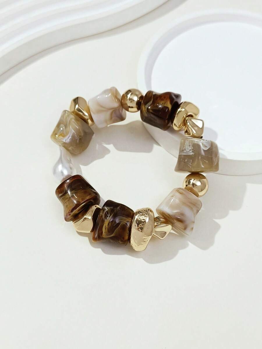 1件复古波西米亚风粗棕色亚克力串珠手链，奢华高端，适合女性、情侣、派对、日常佩戴 - 多色J - 查看 1