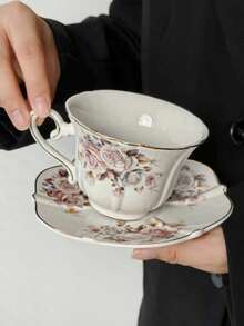 1 Set Cup + Saucer, Luxury European Style Gold Rimmed Rose Flower Coffee Cup, Elegant Afternoon Tea Set, High-End Cappuccino Latte Art Cup & Saucer, Dessert Plate, Suitable For Restaurant, Living Room, Cafe - Multicolor - View 5