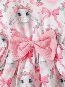 新款女婴兔子印花圆领荷叶边蝴蝶结休闲日常连衣裙（适合复活节等外出场合） - 粉色 - 查看 4