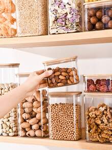 1个竹盖密封罐，透明食品罐，适用于家庭厨房，可冷藏保鲜，容量可选500毫升、1000毫升、1500毫升，可存放各种谷物、糖果、意面、坚果和零食等，厨房收纳用品，可置于冰箱冷藏保鲜。 - 摩卡棕 - 查看 11