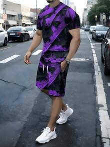 One Pcs Men's Purple-Tone Abstract Texture Short-Sleeve & Beach Pants Set, Pocket Drawstring Design, Loose Fit, Light Casual For Multi-Scenes - 彩色 - 查看 2