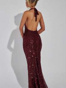 Elegant Sequin Halter Deep-V Maxi Dress For Women, Slim Bodycon Silhouette With Shimmer Finish, Backless Winter Party And Evening Gown - 紅色 - 查看 5