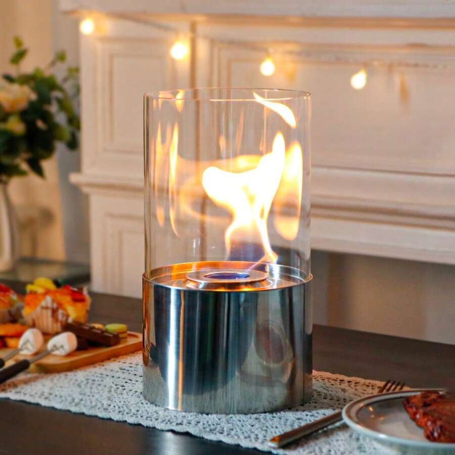 Tabletop Fire Bowl Pot 29cm High Portable Table Top Fireplace–Clean-Burning Bio Ethanol Ventless (Silver) - Plateado - Ver 1