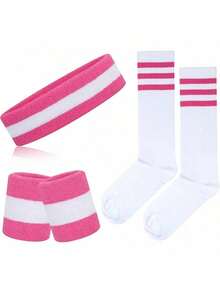 TendenciaONUPGO 5 Piezas Sweatbands Striped Socks Set Cinta Deportiva para la Cabeza Muñequeras Calcetines de Rayas para Hombres y Mujeres Deportes 80s Disfraces Fiesta TemáticaCalidad premium - Rayas rosas/blancas/rosas - Ver 2
