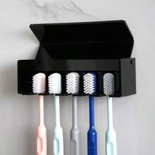 5 Slots Wall Mount Toothbrush Holder With Cover Self Adhesive Toothbrush Storage Organizer For Shower Toothbrush Hanger With Automatic Toothpaste Squeezer Dispenser - 黑色 1 包 - 查看 5