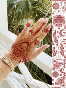 1 Sheet Ramadan Mubarak Kareem Red Brown Henna Pendant Temporary Tattoos For Women Hands Crescent Moon Tattoo Sticker, Ramadan Fake Tattoos Fingers Feet Mehndi Mandala Pendant Decals Islam Muslim Eid Al-Fitr Accessories - Brown - View 1