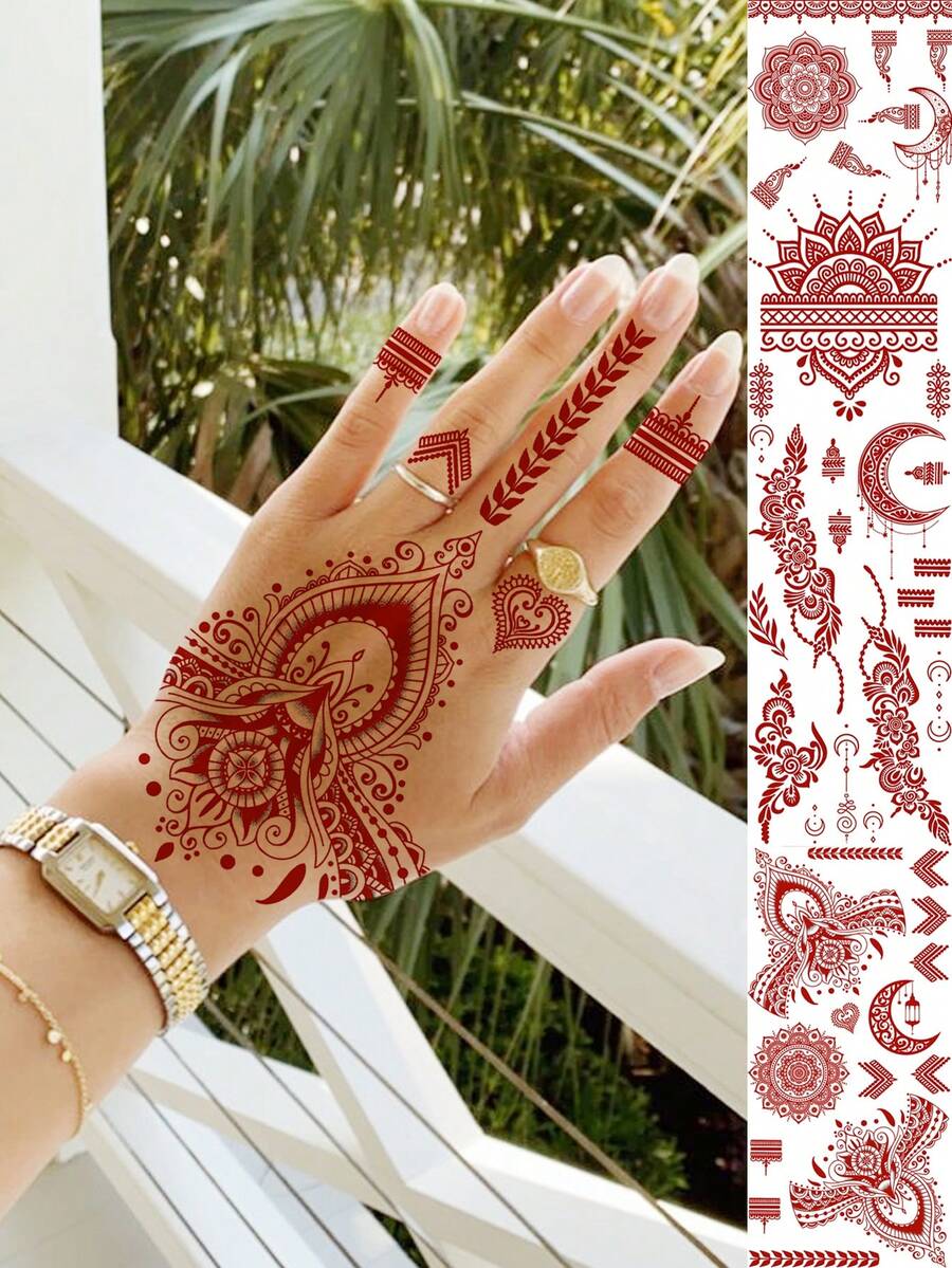 1 Sheet Ramadan Mubarak Kareem Red Brown Henna Pendant Temporary Tattoos For Women Hands Crescent Moon Tattoo Sticker, Ramadan Fake Tattoos Fingers Feet Mehndi Mandala Pendant Decals Islam Muslim Eid Al-Fitr Accessories - Brown - View 1