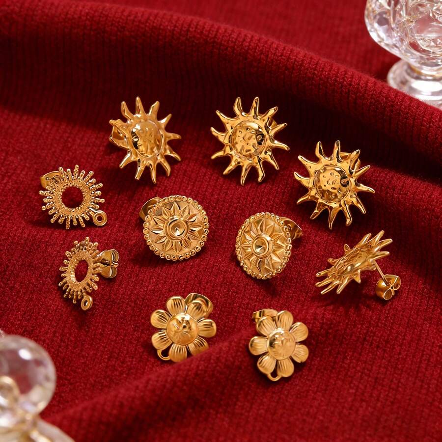 6-Piece Set Of 304 Stainless Steel 18K Gold-Plated Radiant Sun Earrings Findings Handcrafted Earrings Women's Stainless Steel Jewelry DIY Earring Accessories - Earrings - View 1