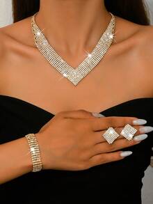 Fashionable Bridal Jewelry Set - Rhinestone Necklace, Earrings, Bracelet, Elastic Ring (Multiple Styles Available For Mix And Match) - Gold - View 16