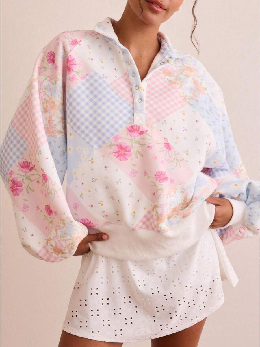Women's Y2k Floral Checkered Sweatshirt Long Sleeve Turn Down Collar Hoodie Pullover Tops Cottagecore Aesthetic Clothes - Hồng - Xem 1