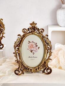1pc Vintage European Style Golden Floral Oval Photo Frame, Classical European Decor Frame For Photo Display And Home Decoration - Gold - View 5