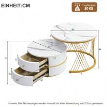 Elegant 2-Piece, White Nest-Shaped Coffee Table Set, 60*60*46cm & 50*50*30.8cm, Round With High-Gloss Marble Look, 2 Drawers, Load Capacity Up To 30kg, Nesting Coffee Table Combination - White - View 2