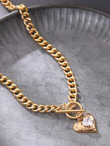 Nooxian 1pc Fashionable Minimalist French OT Clasp Necklace With Heart Charm And Sparkling Cubic Zirconia Pendant Necklace For Women - Yellow Gold - View 3