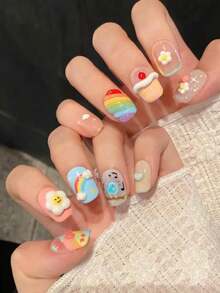 10PCS Short Square Handmade Press On Nails For Party And Daily Wear,Rainbow Colors Nails,Small Flowers,Rainbow,So Cute,Shiny And Dazzling, Easy To Wear10pcs Y2K Handmade Press On Nails,Shining Bright , Nails,Suitable For Girls And Women Festivals Parties And Daily Wear Nail Supplies - Multicolor - View 4