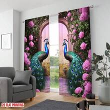 两件套复古孔雀印花窗帘 - 杆袋式设计，方便悬挂，涤纶混纺面料，适用于客厅、卧室、宿舍装饰 - 多种尺寸可选 - 彩色 - 查看 9