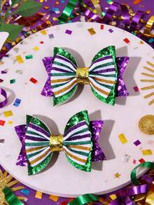 2pcs Carnival Green & Yellow Basic Bow Hair Clips, Fabric Glitter Bow Decorated Hair Clips, Fashion Alligator Clips Carnival Hair Accessories, Carnival Party Gift - Green - View 1