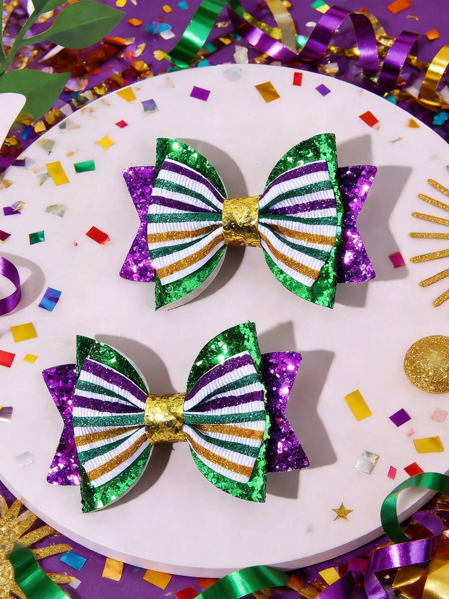 2pcs Carnival Green & Yellow Basic Bow Hair Clips, Fabric Glitter Bow Decorated Hair Clips, Fashion Alligator Clips Carnival Hair Accessories, Carnival Party Gift - Green - View 1