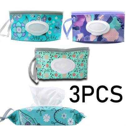 3PCS Reusable Wet Wipe Pouch - Portable Travel Wipe Case With Flip Top Lid & Wristlet Strap - Refillable & Waterproof Wipe Container For Makeup, And Daily Use (Floral Design)
