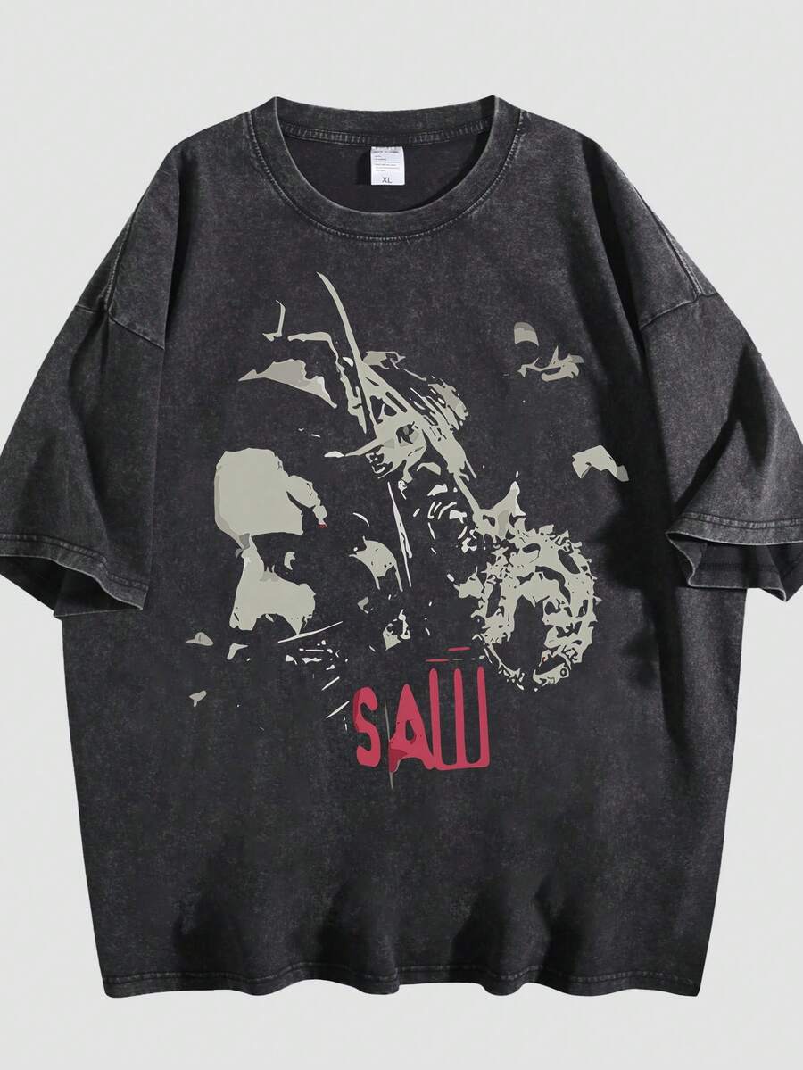 Washed Oversized Distressed Graphic Tee - Horror Movie Theme Print Drop Shoulder T-Shirt - 黑色 - 查看 1