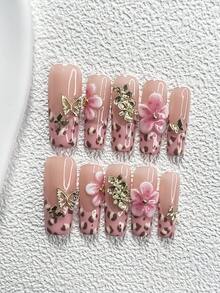 Bộ 10 miếng dán móng tay họa tiết da báo hồng, móng giả hình quan tài, móng giả hình hạnh nhân, móng giả hình vịt, miếng dán móng kiểu Pháp, hình bướm vàng, hoa tím nhạt, hoa đất sét hồng, sơn móng tay hồng, kèm bộ dụng cụ (1 miếng dán gel + 1 dũa móng), lý tưởng cho phụ nữ sử dụng trong các bữa tiệc, ngày lễ, mùa thu/đông, đi chơi, hẹn hò và các dịp khác. Móng giả dán thủ công. - Nhiều màu - Xem 18