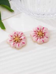 1 Pair Handmade Elegant Sweet Gradient Tie Dye Pink Flower Stud Earrings, Summer Holiday Style - Pink - View 3