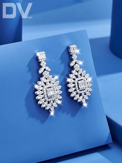 DV JEWELRY 1 Pair Luxury Cubic Zirconia Platinum Plated Pendant Earrings, Elegant Jewelry Gift For Women, Suitable For Date, Wedding, Party, Anniversary, Comes With Gift Box