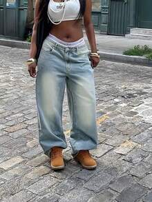 Retro Loose Street-Style Washed Bleached Wide-Leg Women Baggy Jeans,Women's Pocketed Wide Leg Relaxed Casual Versatile Jeans,Oversized Baggy Denim Jeans | Retro Washed Finish | Exposed Waistband Detail | Y2K Streetwear Vibe,Ins Fashion Baggy Denim | Relaxed Silhouette | Distressed Texture | Must-Have Urban Pants - Rửa nhẹ - Xem 3