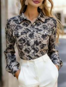 Women's Fashion Snake Skin Print Button Down Collar Long Sleeve Shirt, Regular Fit, Polyester Fabric - Khaki - View 3