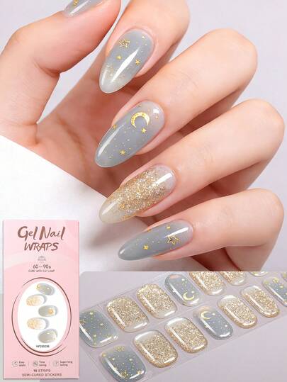 16片半固化凝胶美甲贴纸，优雅渐变星月闪粉美甲贴纸，适合秋冬季节，打造精致美甲，沙龙品质，时尚美甲用品，适合女性和女孩在假期、居家和约会中使用。