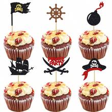12/24pcs Glitter Pirate Theme Cupcake Toppers, Pirate Ship And Skull Design Cake Picks, Suitable For Birthday Party Decoration, Baby Shower Supplies - Multicolor - View 2