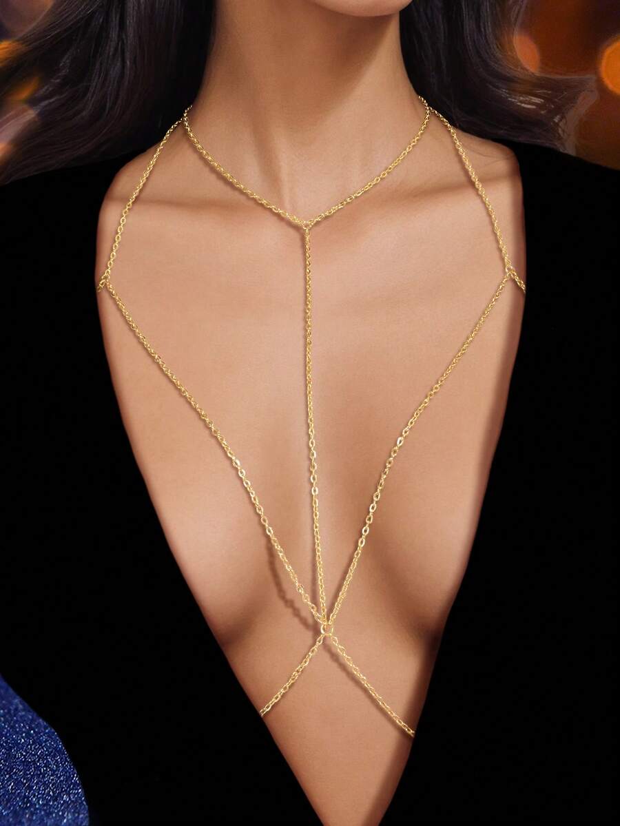 1 Peça Joia Corporal Acessórios de Férias Corrente Sexy de Cintura Cruzada Multicamadas para Maiô Bikini - Dourado - Visão 1