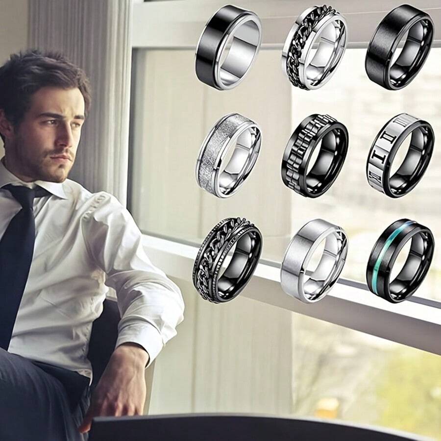9pcs/Set Stainless Steel Rings For Men & Women, Wedding & Engagement Rings, Anxiety Spinner Rings, 8mm - 9-piece Ring Set - View 1
