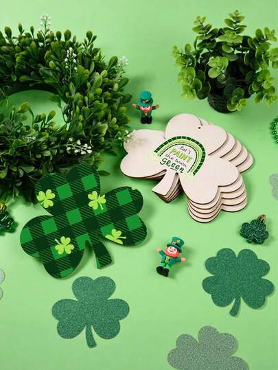 10 Pcs Wooden Shamrock Ornaments Unfinished Wood Shamrock Cutouts Blank Wood Slices With Hole Wood Clover Hanging Decor With Twine For DIY Craft Irish Holiday St. Patrick's Day Decor,Baby Shower