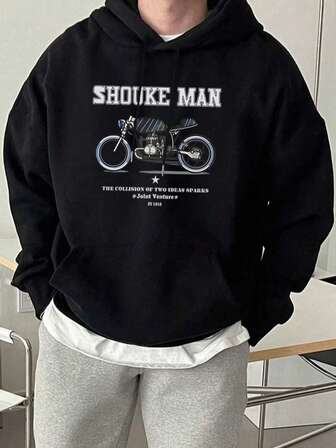 1pc Plus Size Men's Black Hoodie, Vintage Street Style Print, Fleece Lined, Thick For Autumn/Winter
