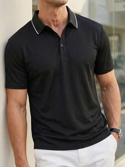 Men's Summer Short Sleeve Casual Commuter Polo Shirt, Suitable For Golf Sports, Black Polo Shirt