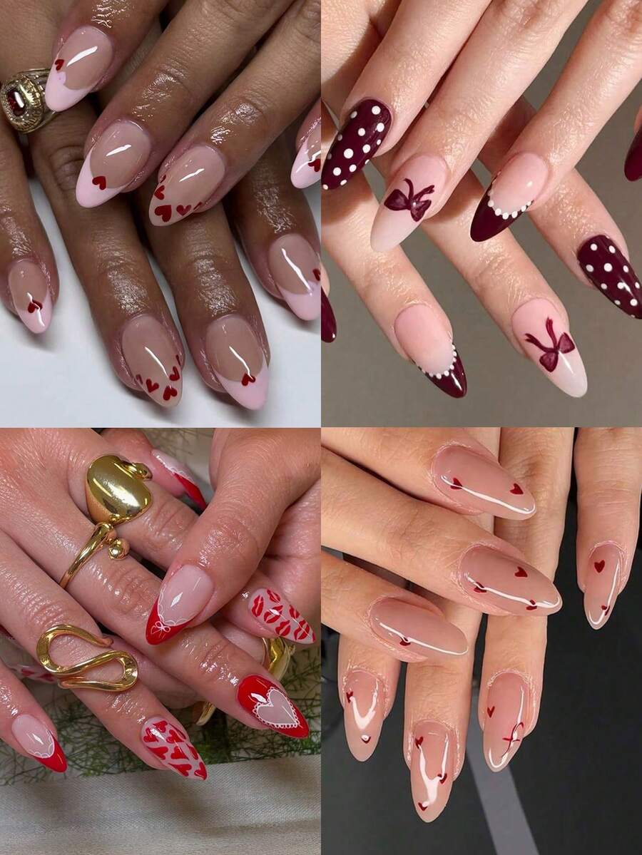 96pcs/4sets Valentine's Day Heart Almond False Nails - Pink & Red French Manicure, Holiday Party Nails, Gift For Women