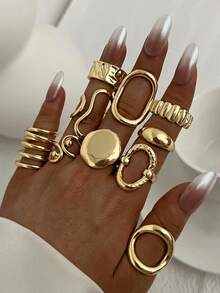 10pcs Vintage Fashion Simple Elegant Sophisticated Bohemian Style Antique Coin Textured Geometric Criss-Cross Round Twisted Smooth Chunky Ring Set, Suitable For Holiday, Party, Date, Gift, Daily Wear - Yellow Gold - View 5