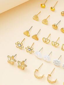 20 Pairs Women's Cute Flower, Rhinestone, Heart, Triangle, Geometric Fashion Earrings, Suitable For Everyday Wear - Yellow Gold - View 3