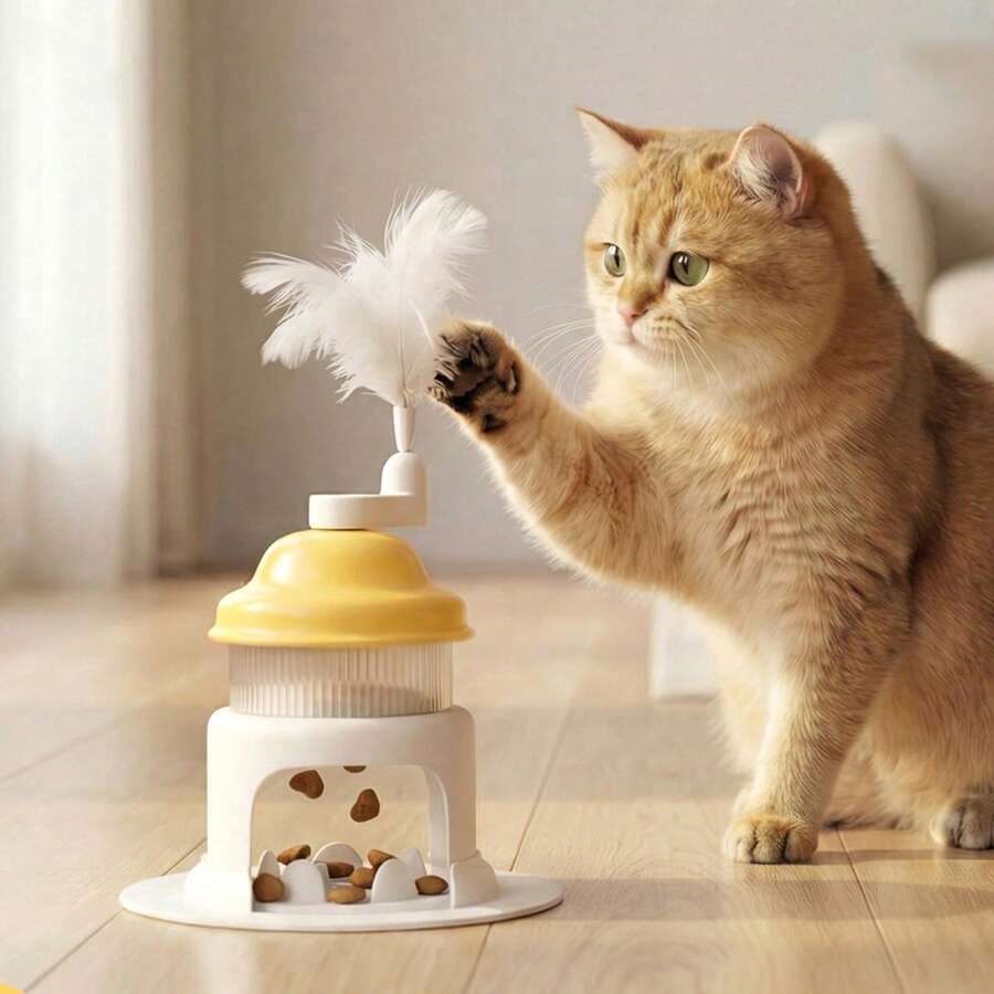 1个宠物益智喂食器玩具，3种颜色可选，旋转式出食器，顶部羽毛带铃铛，可逗猫狗开心，适合宠物自主玩耍，不含电池 - 彩色 - 查看 1