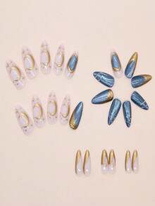 24pcs Star Moon Pressing Fake Nails, 3D Cat Eye Fake Nails, Gilded Gold Star Pattern Suitable For Women, Valentine's Day, Mother's Day Gift, Nail Salon - Multicolor - View 4