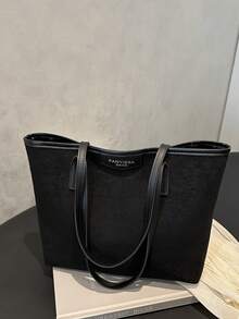 Bolso de hombro de gran capacidad con diseño de etiqueta de letra de unicolor de moda, estilo minimalista práctico para mujer - Negro - Ver 5